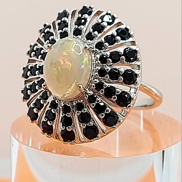 Unheated Oval Fire Opal 10x8mm Black Spinel 925 Sterling Silver Ring SZ 7.25 - Picture 7 of 9